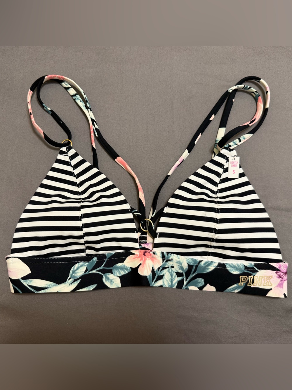 PINK Victoria's Secret Black & White Striped Floral Trim Bralette